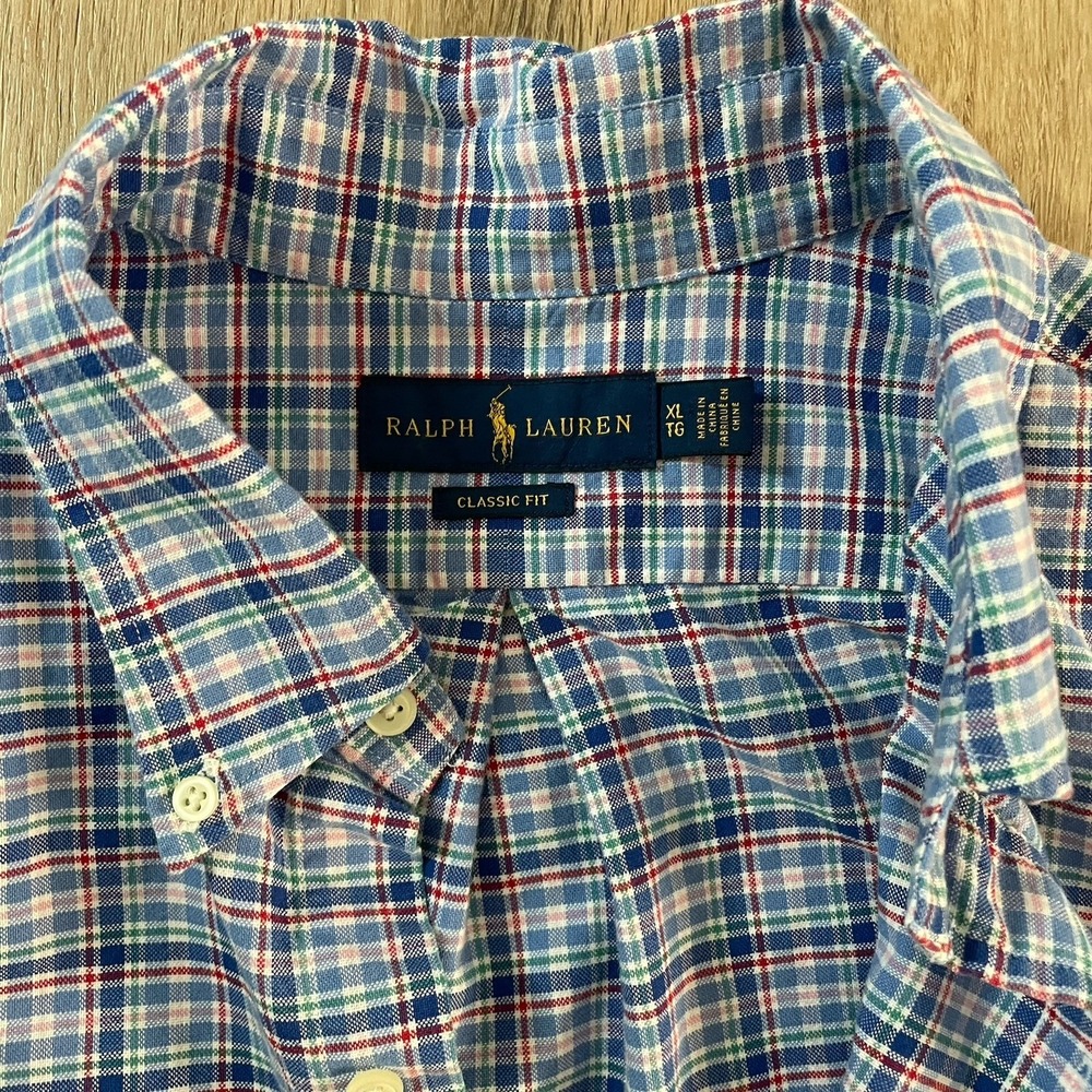 Ralph Lauren Oxford Button-Collar Blue Plaid Long Sleeve Shirt EUC XL